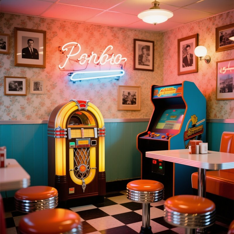 1950S Diner With Jukebox And Arcade Game
