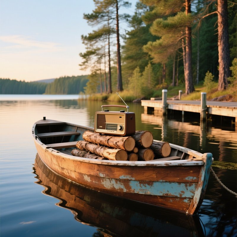 1970S Wooden Boat On Lake With Radio And Logs
