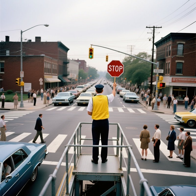 1981 Busy Intersection No Traffic Lights Controlled By Traffic Controller On Raised Dais