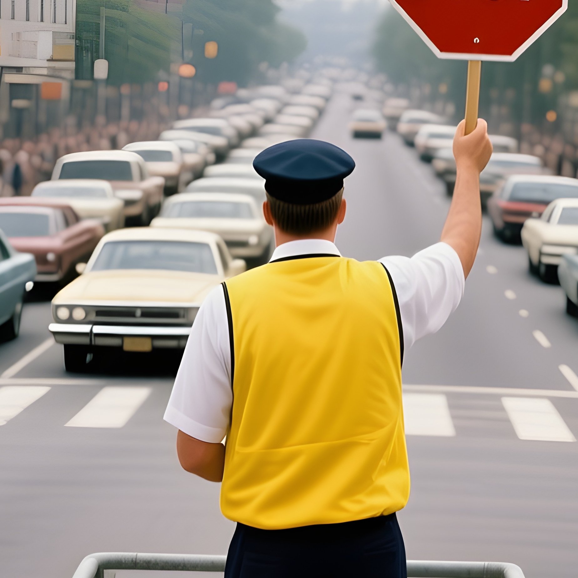 1981 Busy Intersection No Traffic Lights Controlled By Traffic Controller On Raised Dais - Full Resolution Quality Preview