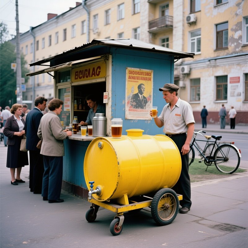 1983 Kiosk Kvass Yellow Tanker Barrel Street