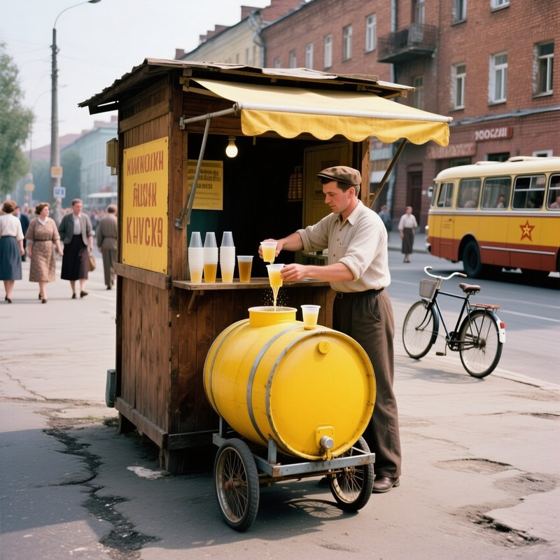 1983 Kiosk Kvass Yellow Tanker Barrel Street