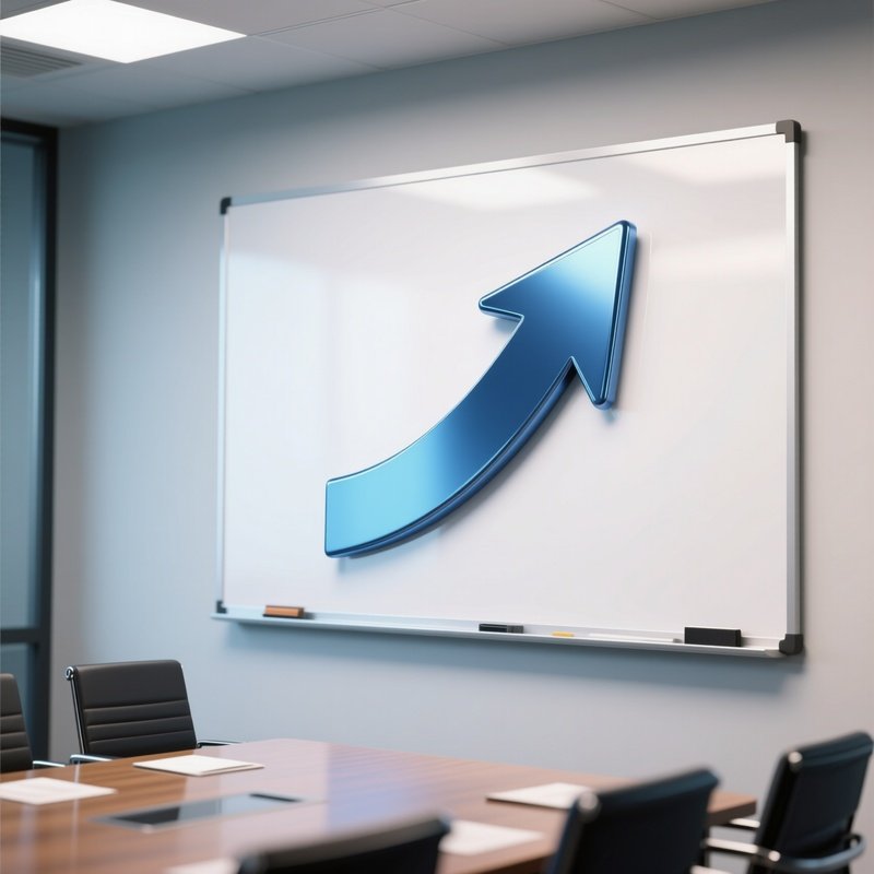 3D Rendered Arrow Pointing Upward In Metallic Blue — Photorealistic Arrow Drawn On A Whiteboard In A Conference Room