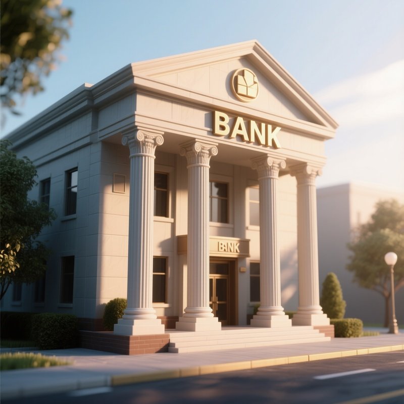 3D Rendered Bank Building Icon With Pillars — Photorealistic Bank Exterior In Morning Light