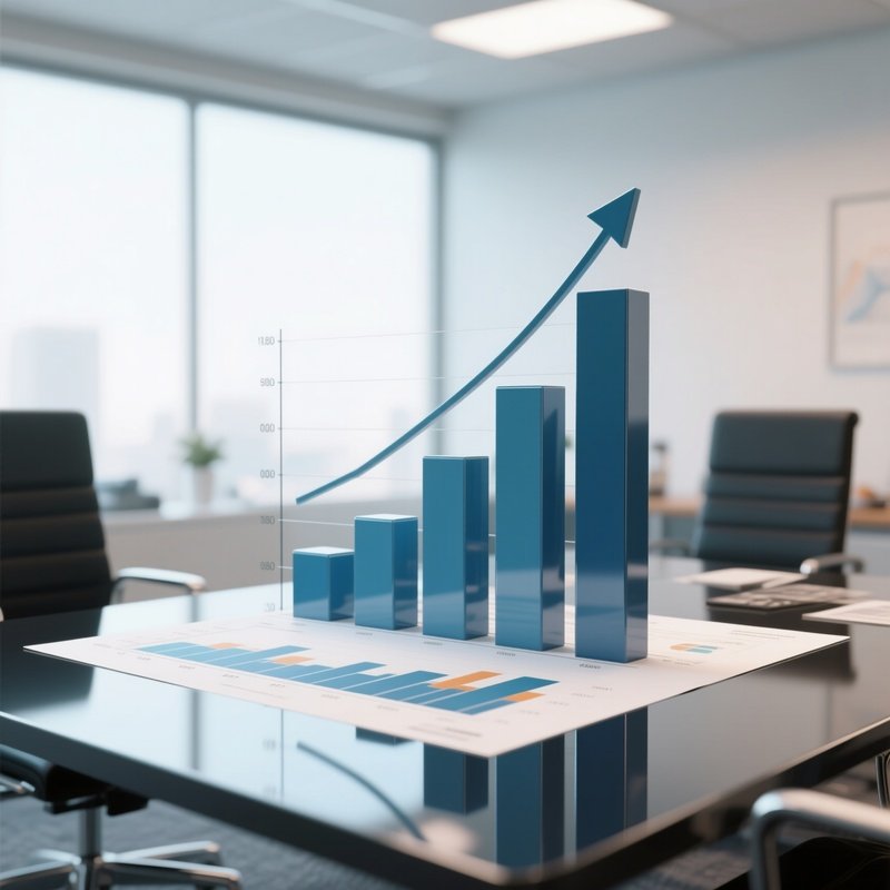 3D Rendered Bar Chart Rising On A Reflective Surface — Photorealistic Printed Financial Chart On A Table In A Bright Office