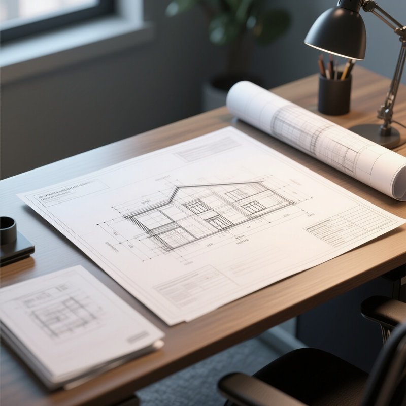 3D Rendered Blueprint Symbol — Photorealistic Blueprint Documents On An Architect’S Desk