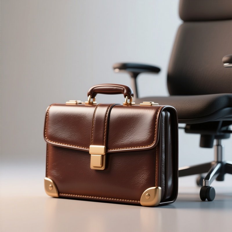 3D Rendered Briefcase Icon With Glossy Edges — Photorealistic Leather Briefcase Placed Beside An Office Chair
