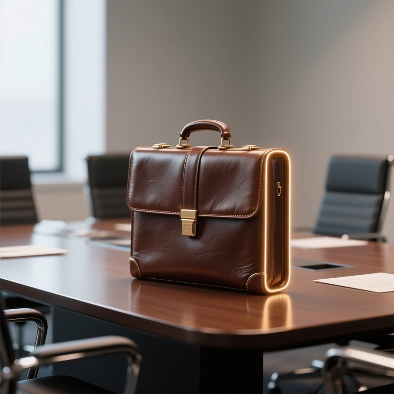 3D Rendered Briefcase With Glowing Edges — Photorealistic Leather Briefcase On A Conference Table