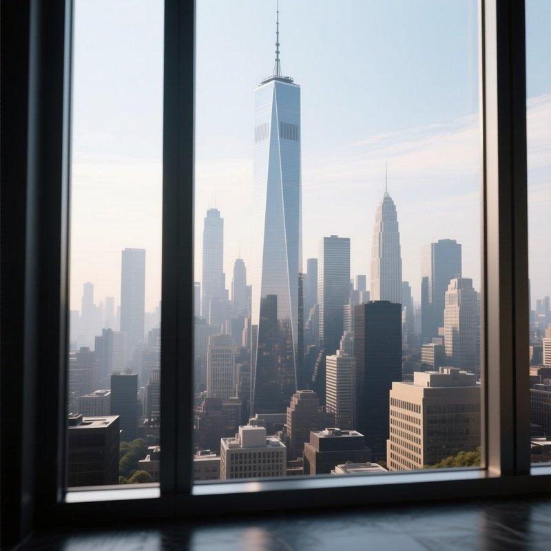 3D Rendered Building Skyline Symbol — Photorealistic City Skyline Through A High Rise Window
