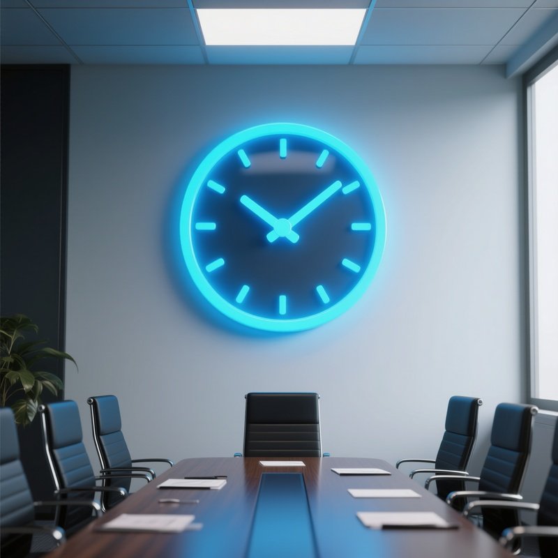 3D Rendered Clock Symbol Glowing Blue — Photorealistic Office Wall Clock In A Meeting Room