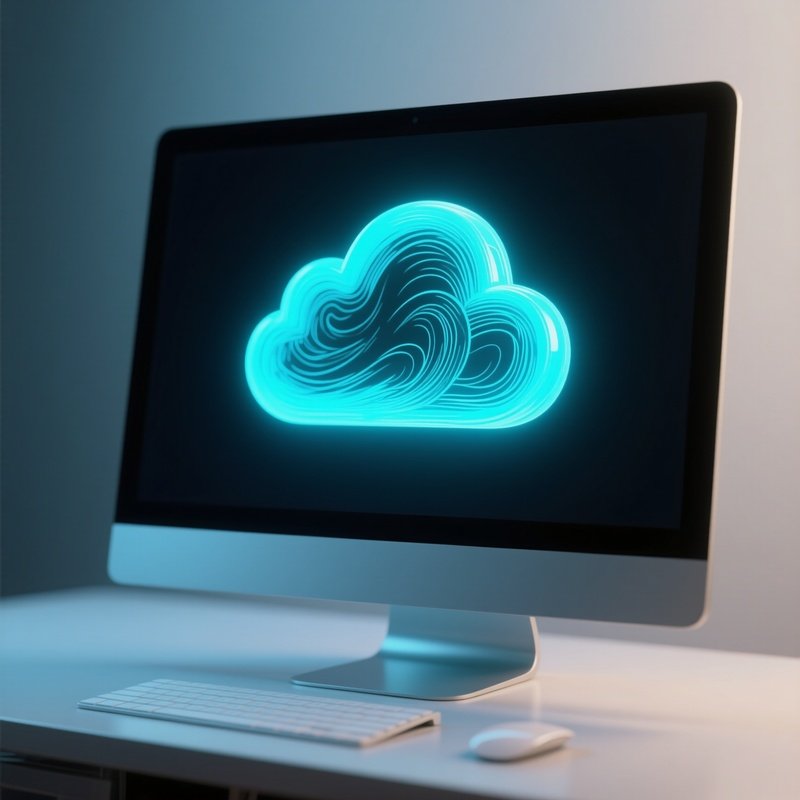 3D Rendered Cloud Symbol Glowing Cyan — Photorealistic Cloud Drawing Displayed On A Computer Monitor