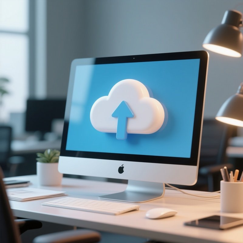 3D Rendered Cloud Upload Symbol — Photorealistic Cloud Diagrams On A Workplace Computer