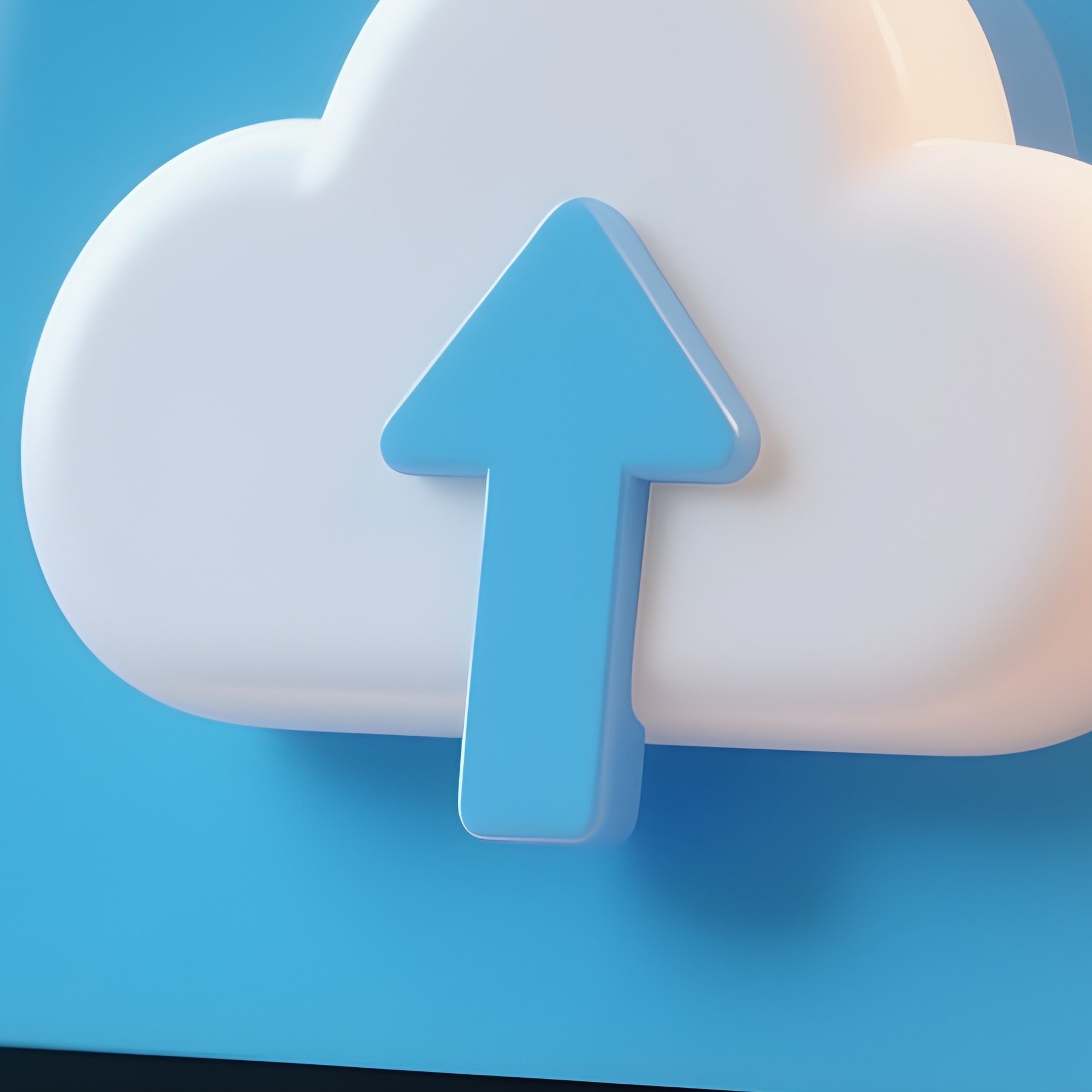 3D Rendered Cloud Upload Symbol — Photorealistic Cloud Diagrams On A Workplace Computer - Full Resolution Quality Preview