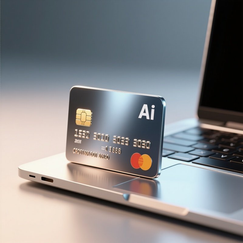 3D Rendered Credit Card Icon With Metallic Shine — Photorealistic Credit Card Placed Next To A Laptop