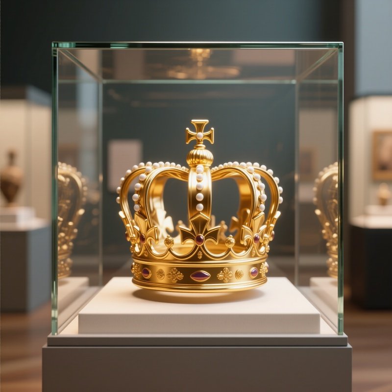 3D Rendered Crown Icon In Gold — Photorealistic Crown Displayed In A Museum Glass Case