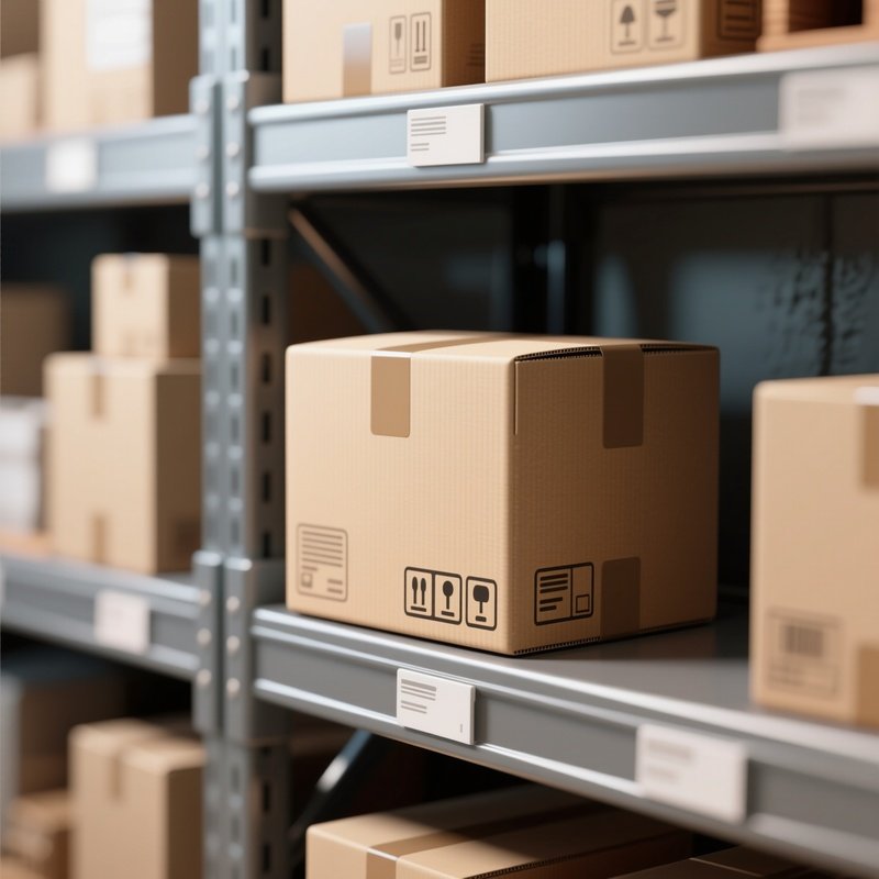 3D Rendered Delivery Box Icon — Photorealistic Cardboard Box On A Warehouse Shelf
