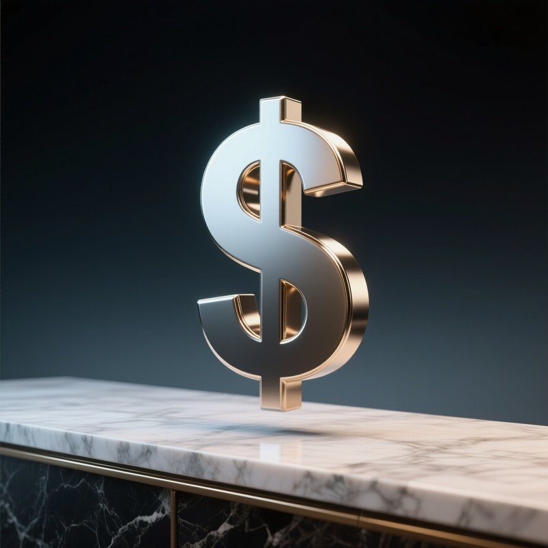 3D Rendered Dollar Sign Floating Above A Dark Gradient — Photorealistic Metal Dollar Sign Resting On A Polished Marble Counter