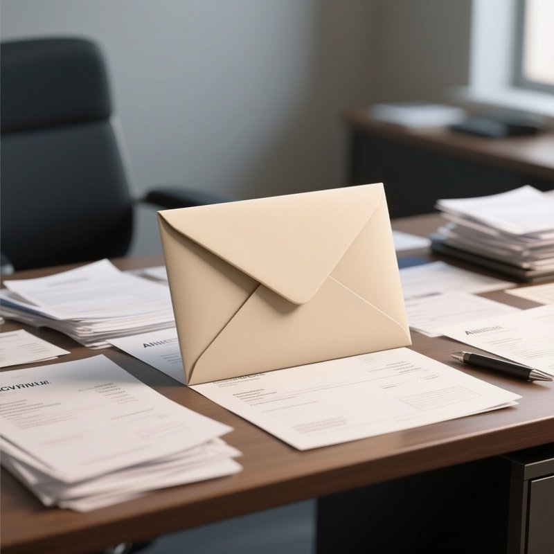 3D Rendered Email Envelope Symbol — Photorealistic Paper Envelope On A Desk Full Of Invoices