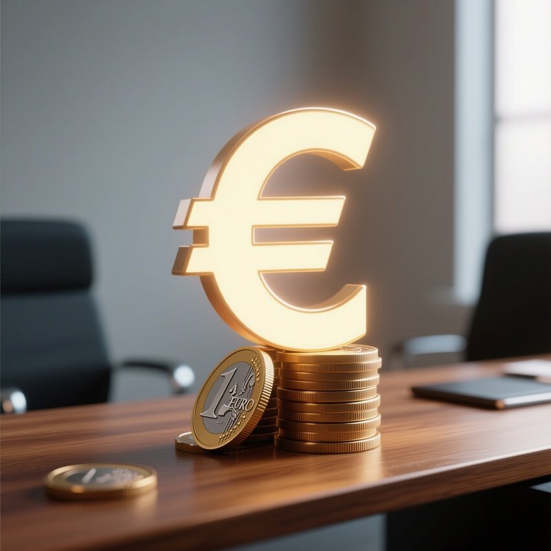 3D Rendered Euro Symbol Glowing In Soft Ambient Light — Photorealistic Euro Coin Stack On A Wooden Business Desk