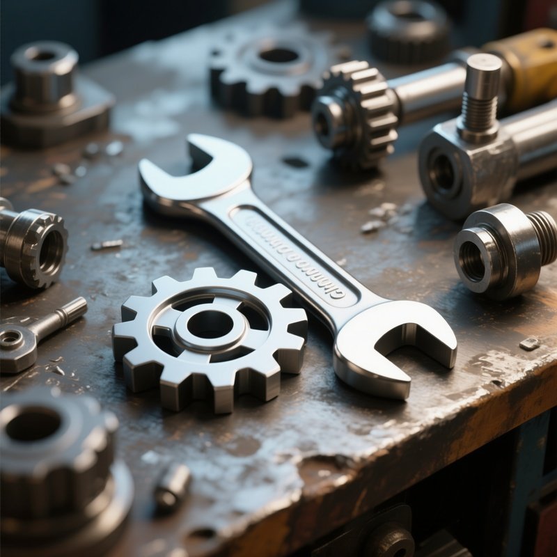 3D Rendered Gear And Wrench Symbol — Photorealistic Wrench Lying Next To Metal Components On A Workbench