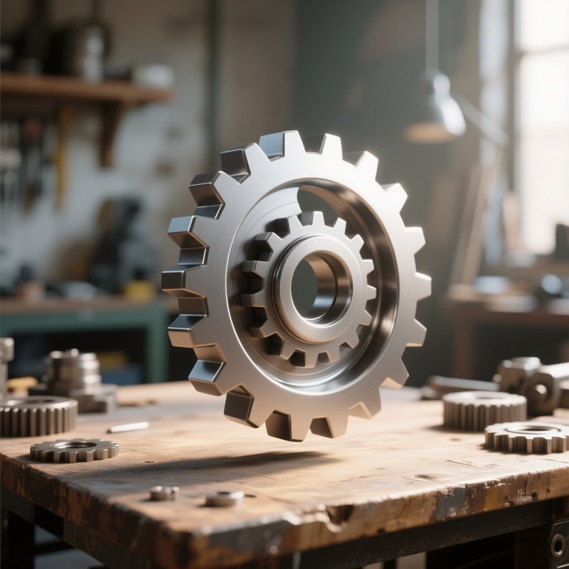 3D Rendered Gear Icon Rotating With Soft Shadows — Photorealistic Metal Gears On A Workshop Table Under Natural Light