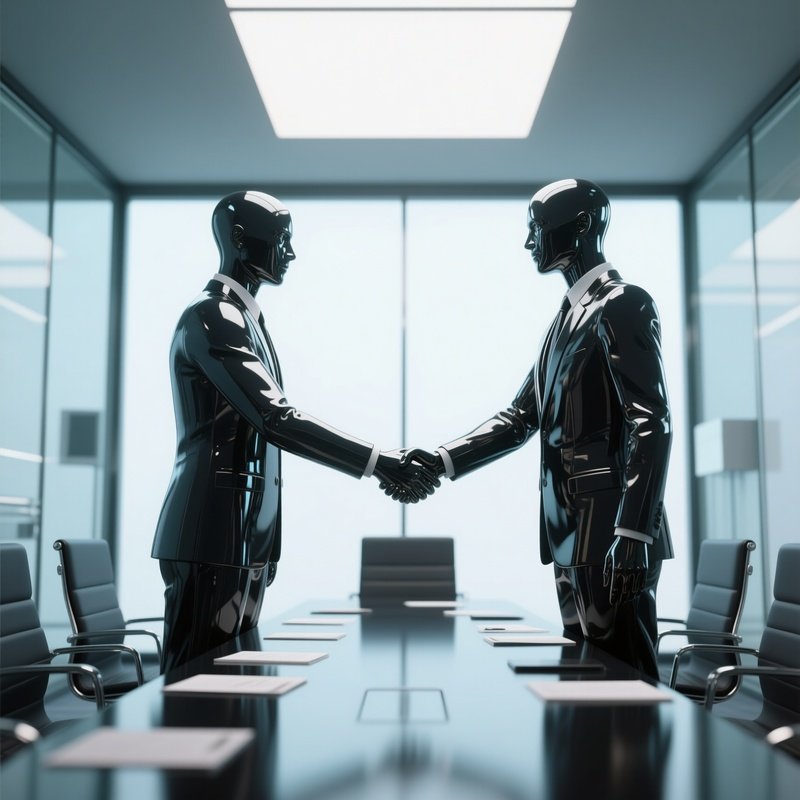 3D Rendered Handshake Between Two Glossy Figures — Photorealistic Handshake Inside A Glass Meeting Room