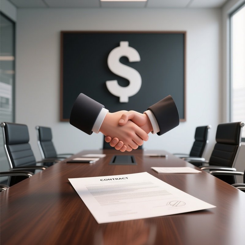 3D Rendered Handshake Contract Symbol — Photorealistic Printed Contract On A Boardroom Table
