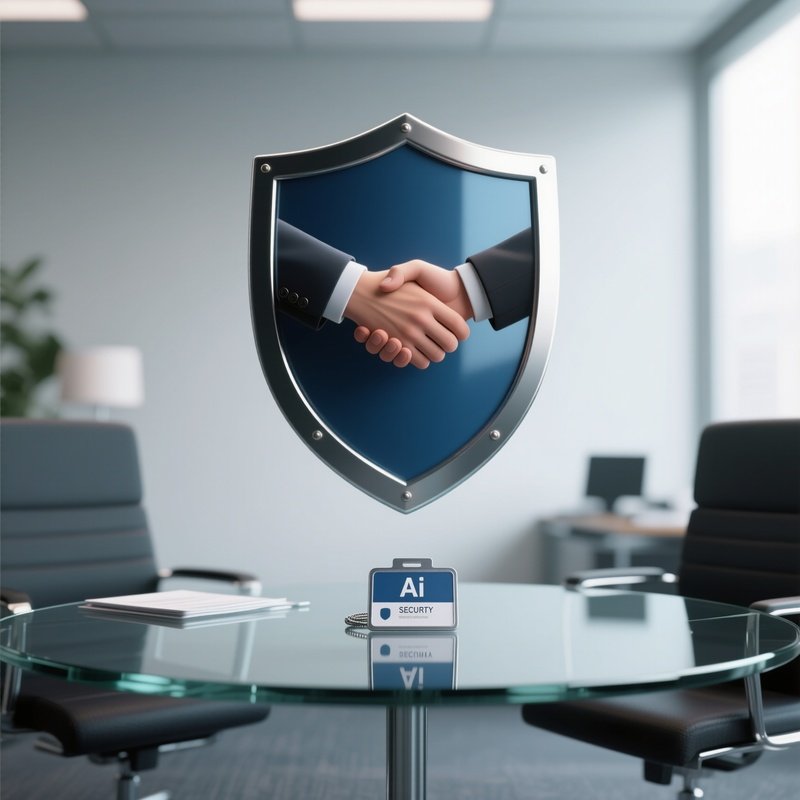 3D Rendered Handshake Inside A Shield — Photorealistic Office Security Badge On A Glass Table