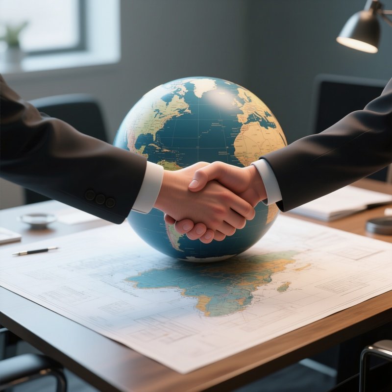 3D Rendered Handshake Over Globe — Photorealistic Map Spread Across A Planning Table