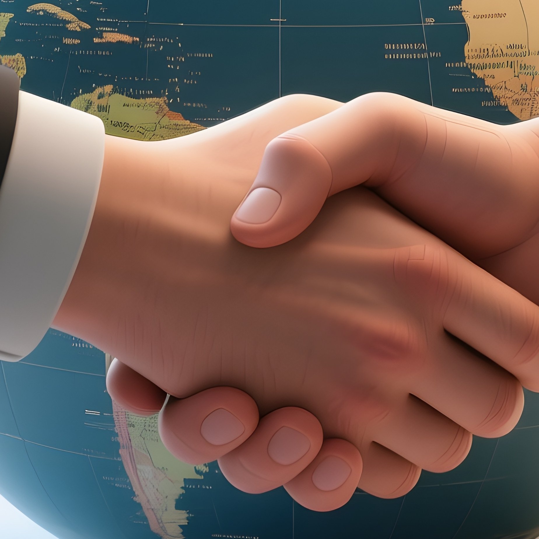 3D Rendered Handshake Over Globe — Photorealistic Map Spread Across A Planning Table - Full Resolution Quality Preview