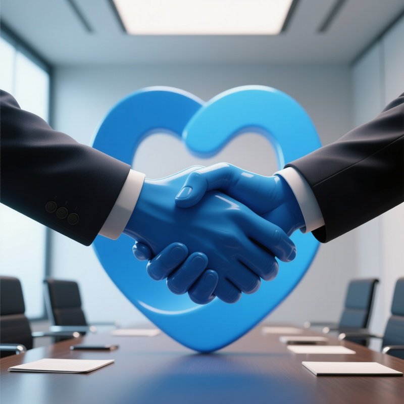 3D Rendered Handshake Symbol Made Of Smooth Blue Shapes — Photorealistic Close Up Of Two People Shaking Hands In A Modern Meeting Room