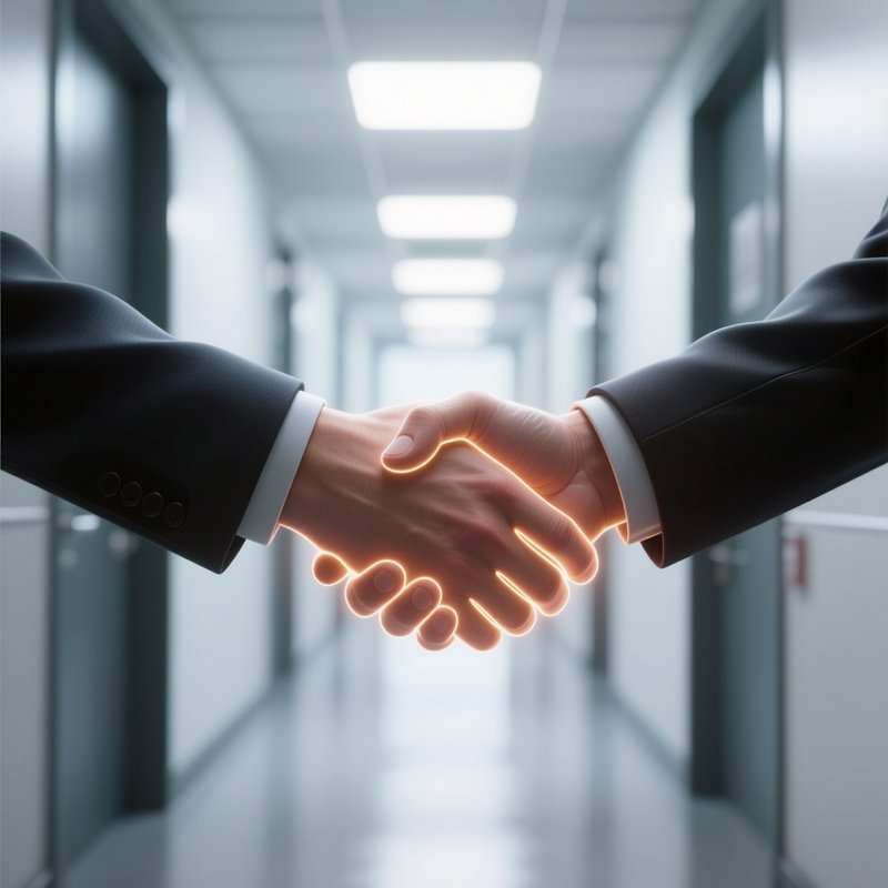 3D Rendered Handshake With Glowing Outline — Photorealistic Handshake In A Bright Corridor