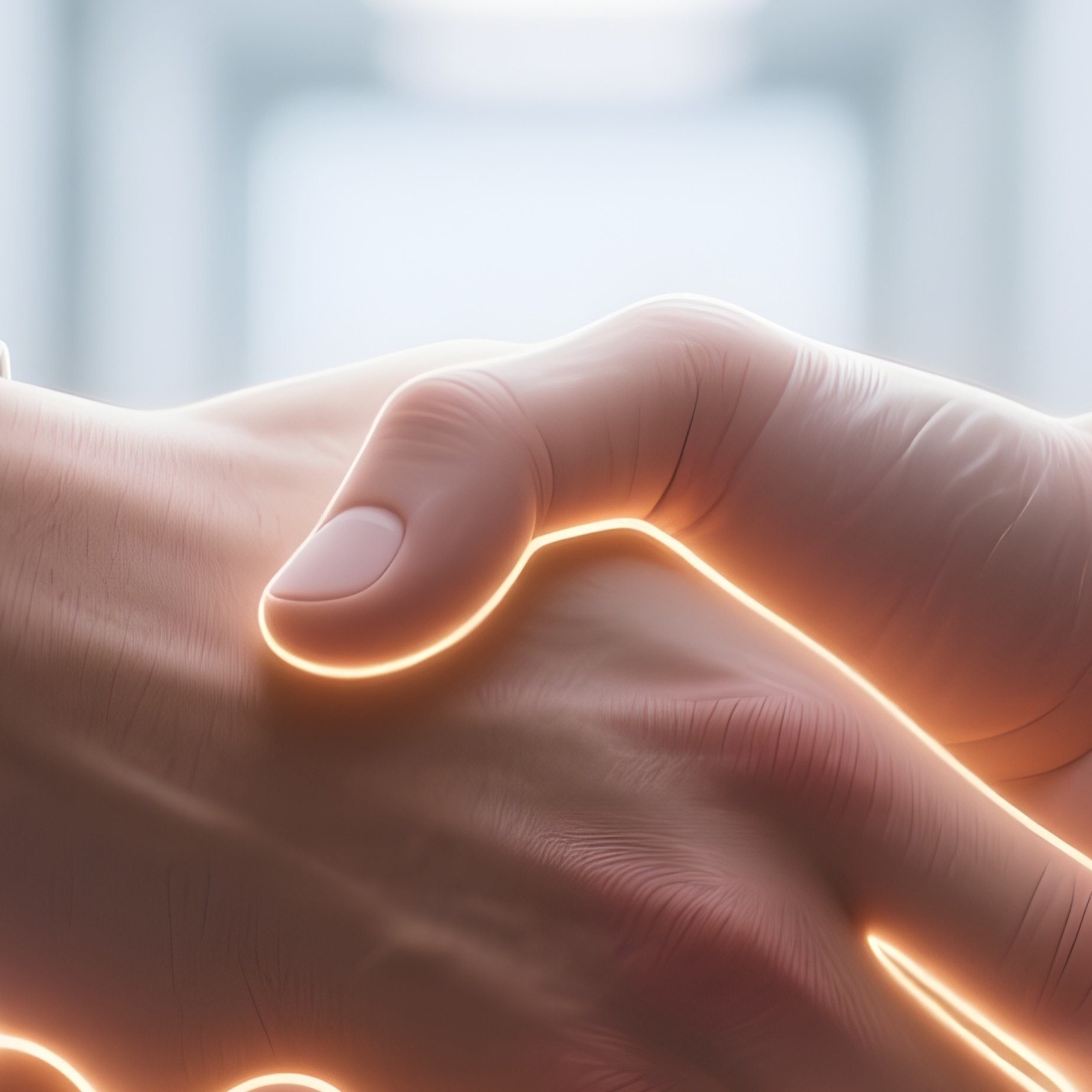 3D Rendered Handshake With Glowing Outline — Photorealistic Handshake In A Bright Corridor - Full Resolution Quality Preview