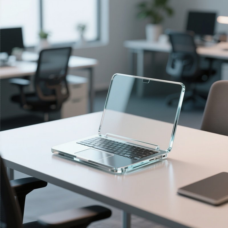 3D Rendered Laptop Icon Made Of Smooth Glass Shapes — Photorealistic Open Laptop On A Modern Coworking Desk