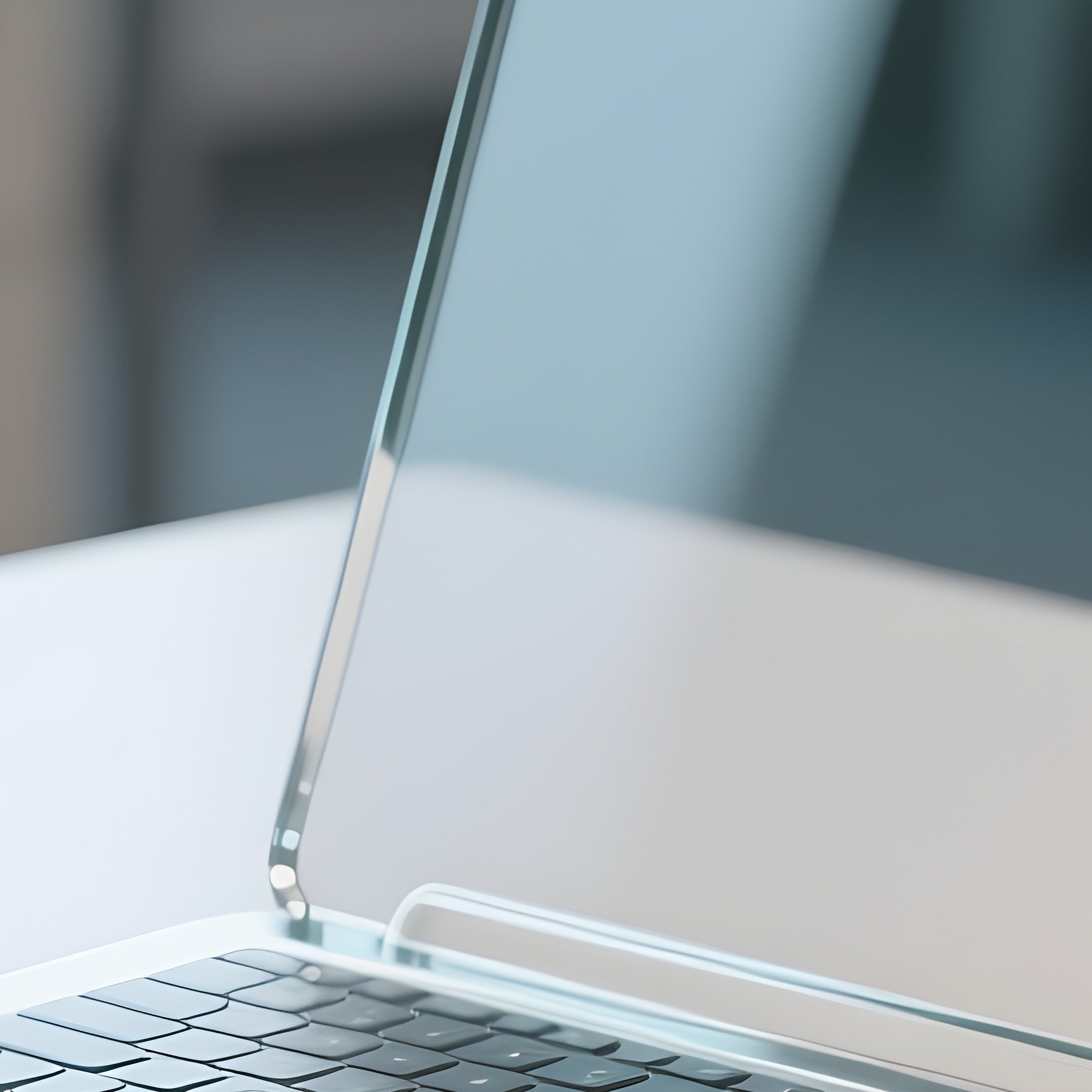 3D Rendered Laptop Icon Made Of Smooth Glass Shapes — Photorealistic Open Laptop On A Modern Coworking Desk - Full Resolution Quality Preview