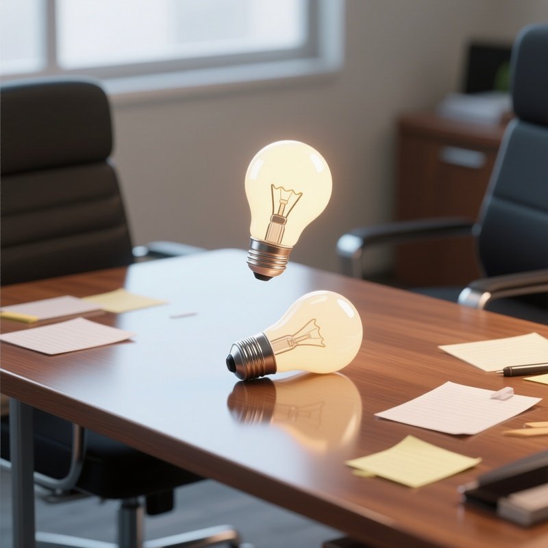 3D Rendered Lightbulb Icon Floating Above A Glossy Desk Surface — Photorealistic Lightbulb Lying On A Wooden Office Desk Beside Scattered Notes