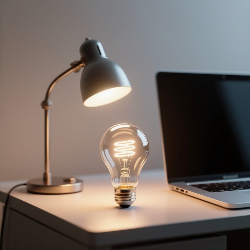 3D Rendered Lightbulb With Rotating Filament — Photorealistic Desk Lamp Glowing Beside A Laptop