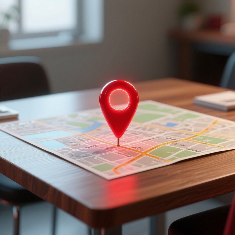 3D Rendered Location Pin Glowing Red — Photorealistic Map With A Red Pin On A Wooden Table