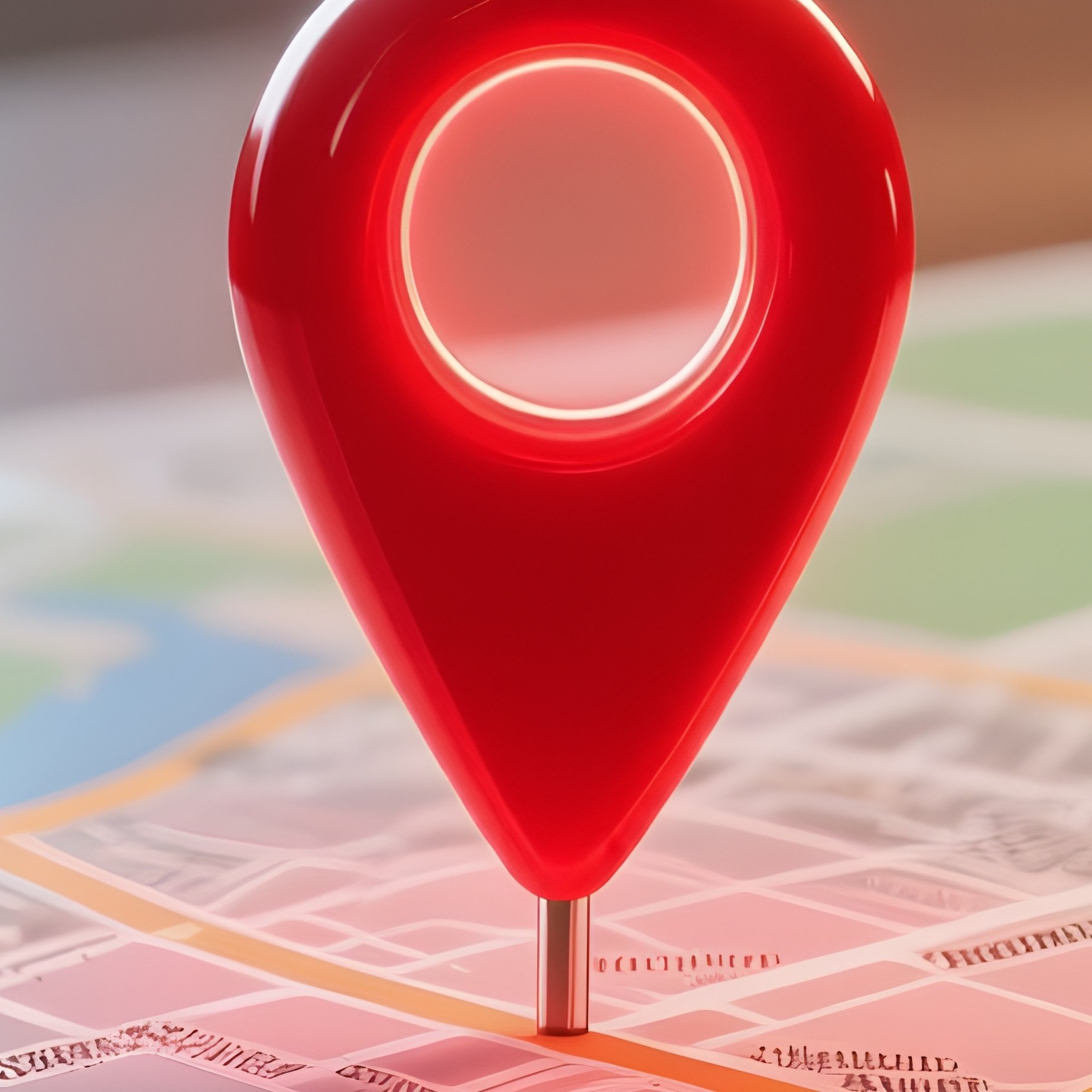 3D Rendered Location Pin Glowing Red — Photorealistic Map With A Red Pin On A Wooden Table - Full Resolution Quality Preview