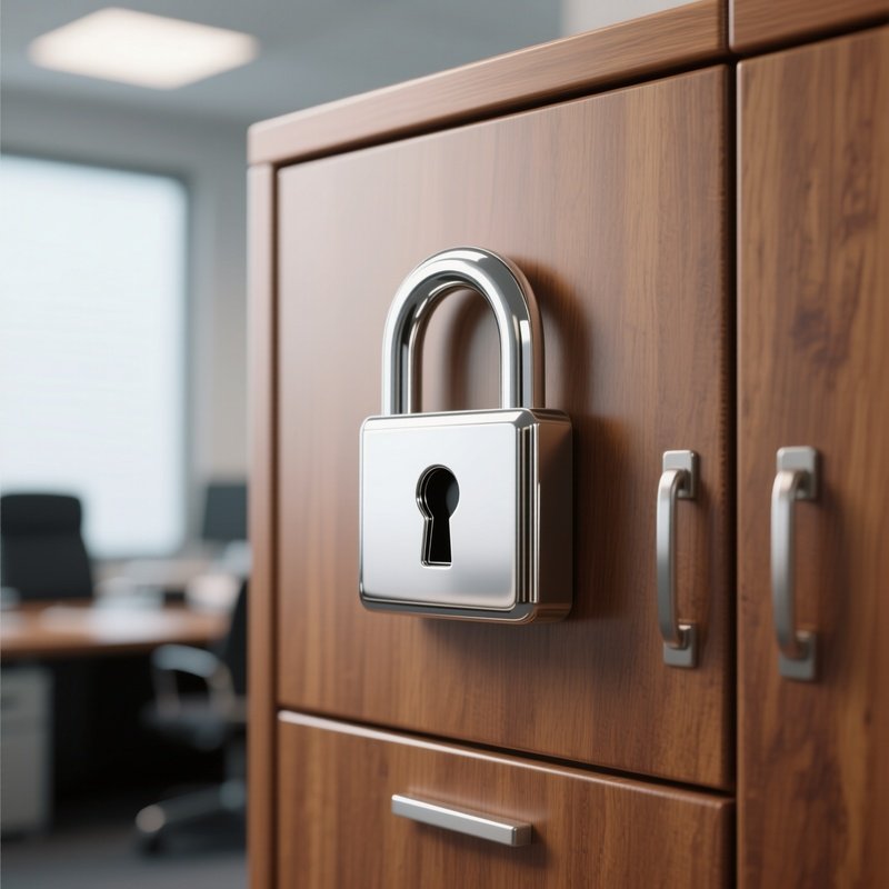 3D Rendered Lock Symbol In Chrome Finish — Photorealistic Padlock On A Wooden Office Cabinet