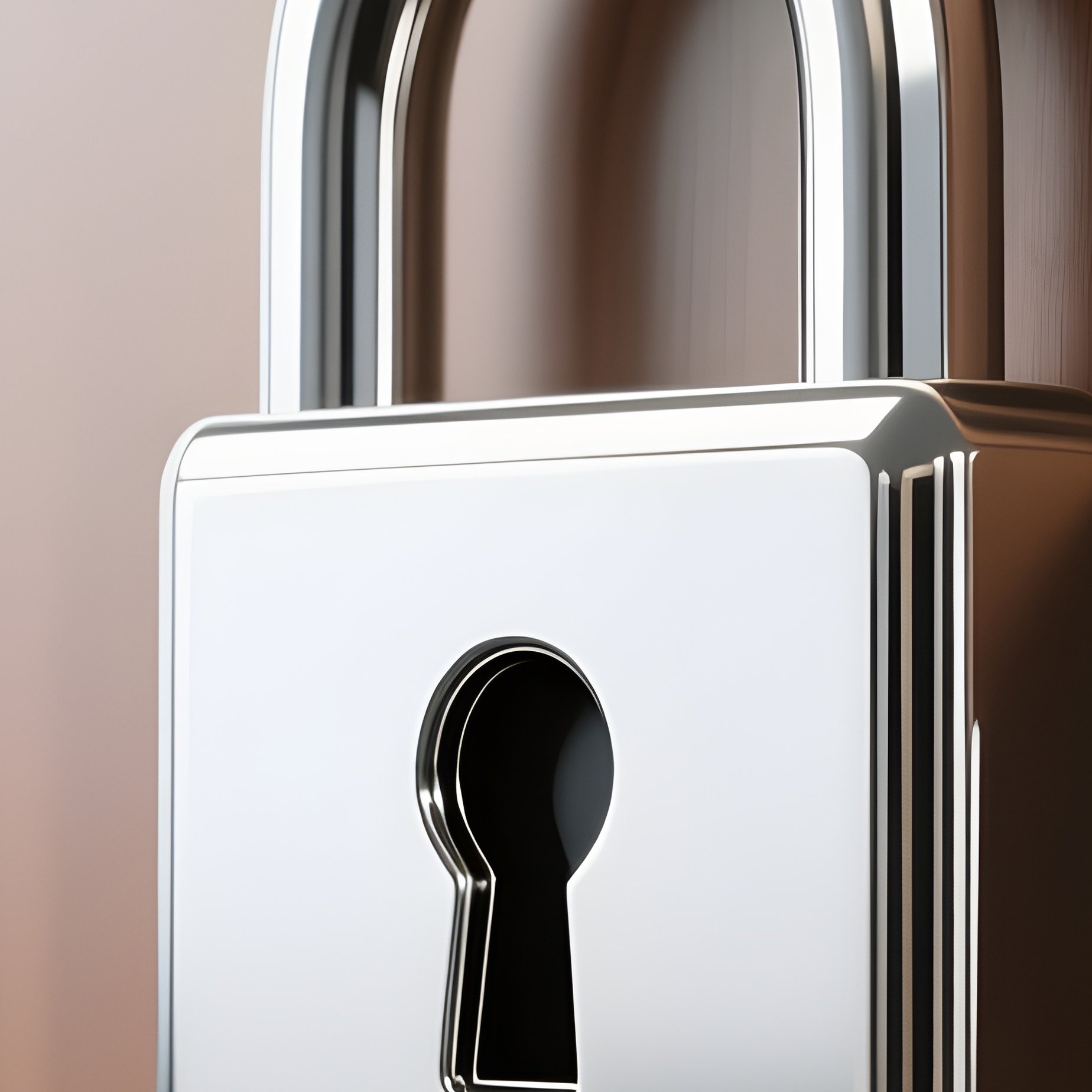 3D Rendered Lock Symbol In Chrome Finish — Photorealistic Padlock On A Wooden Office Cabinet - Full Resolution Quality Preview