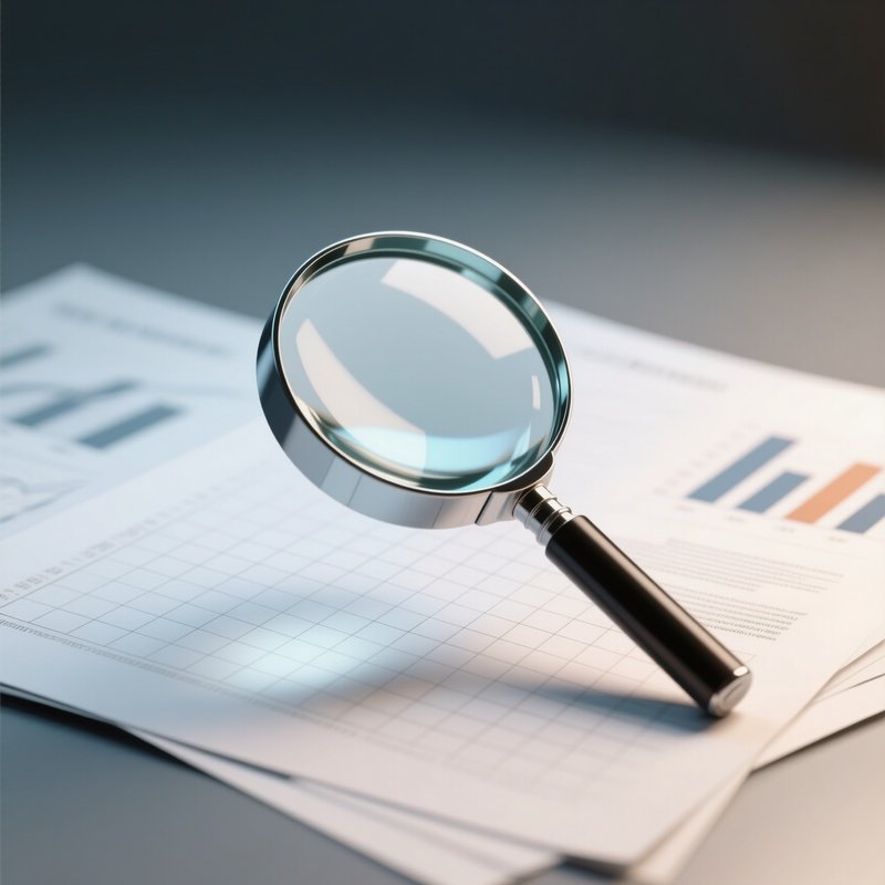 3D Rendered Magnifying Glass Hovering Above A Grid — Photorealistic Magnifying Glass Lying On Research Papers