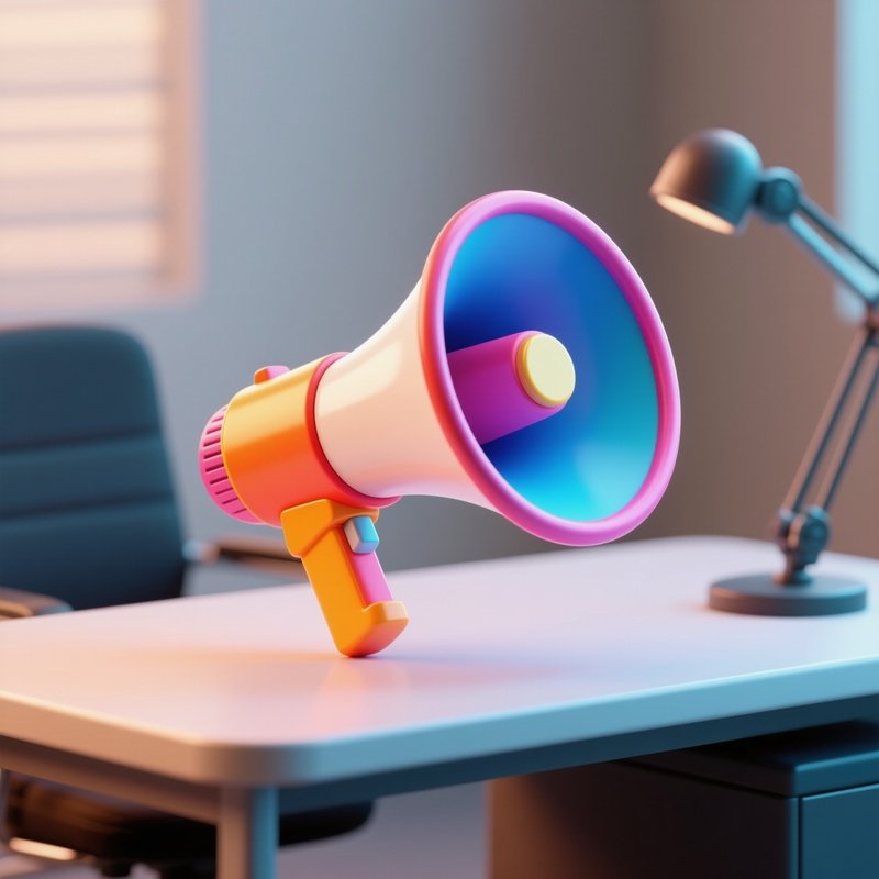 3D Rendered Megaphone Icon With Vibrant Colors — Photorealistic Loudspeaker Resting On A Press Table