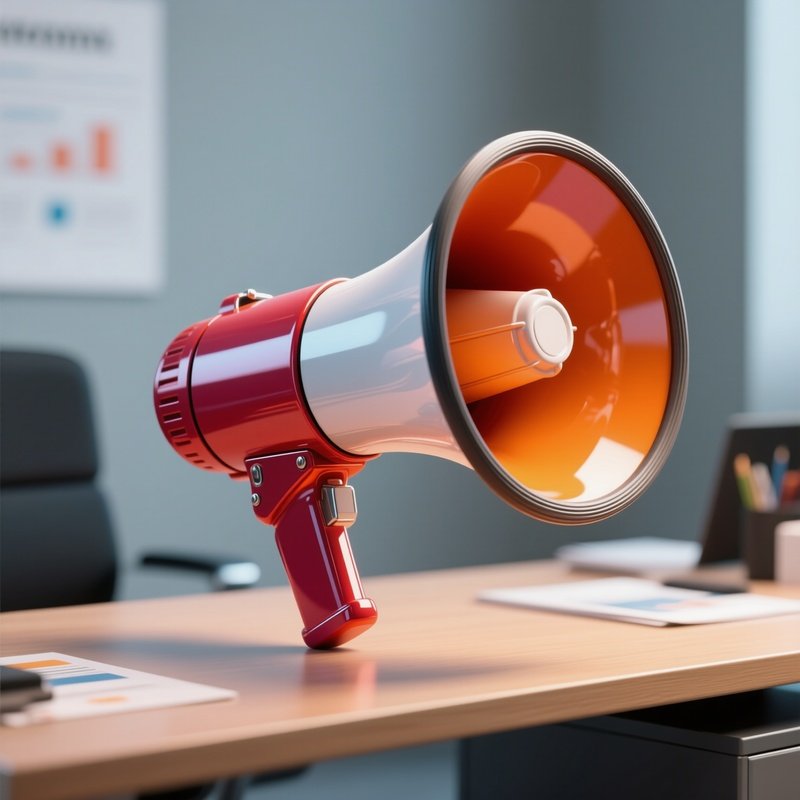 3D Rendered Megaphone With Glossy Colors — Photorealistic Megaphone On A Marketing Desk