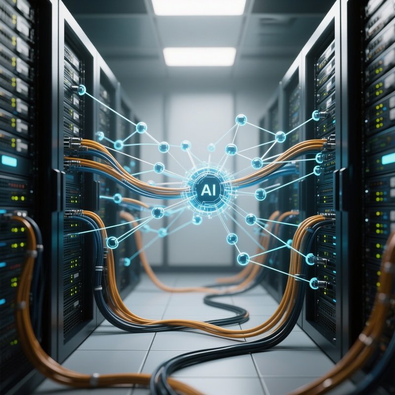 3D Rendered Network Nodes Connected By Lines — Photorealistic Network Server Cables In A Server Room