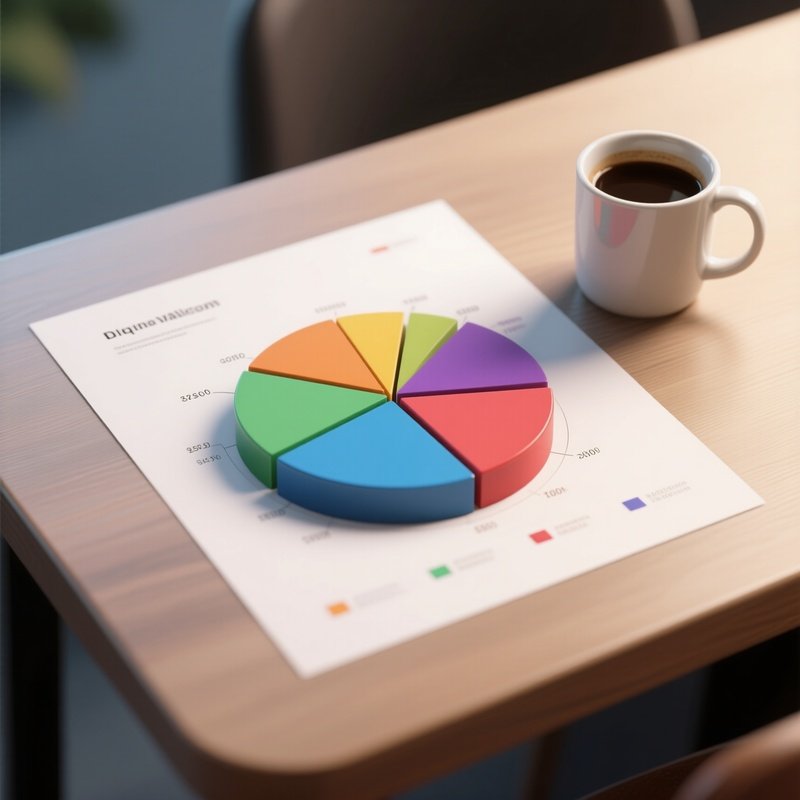 3D Rendered Pie Chart Split Into Colorful Segments — Photorealistic Printed Pie Chart On A Table Beside A Coffee Mug