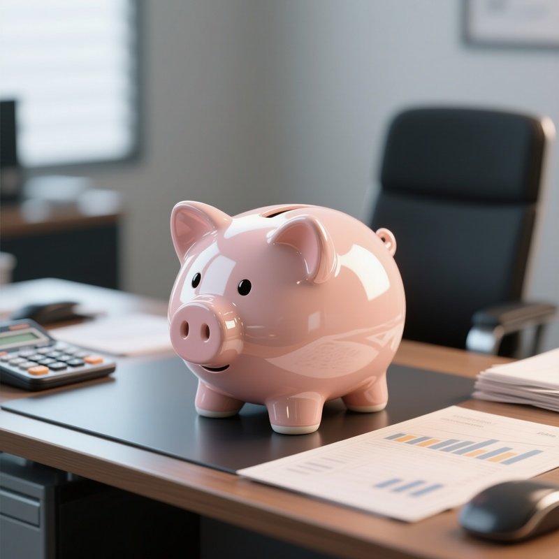 3D Rendered Piggy Bank Icon In Glossy Plastic — Photorealistic Ceramic Piggy Bank On An Accountant’S Desk