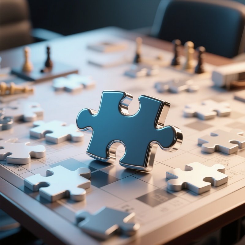 3D Rendered Puzzle Piece Icon In Glossy Finish — Photorealistic Puzzle Pieces Scattered On A Strategy Table