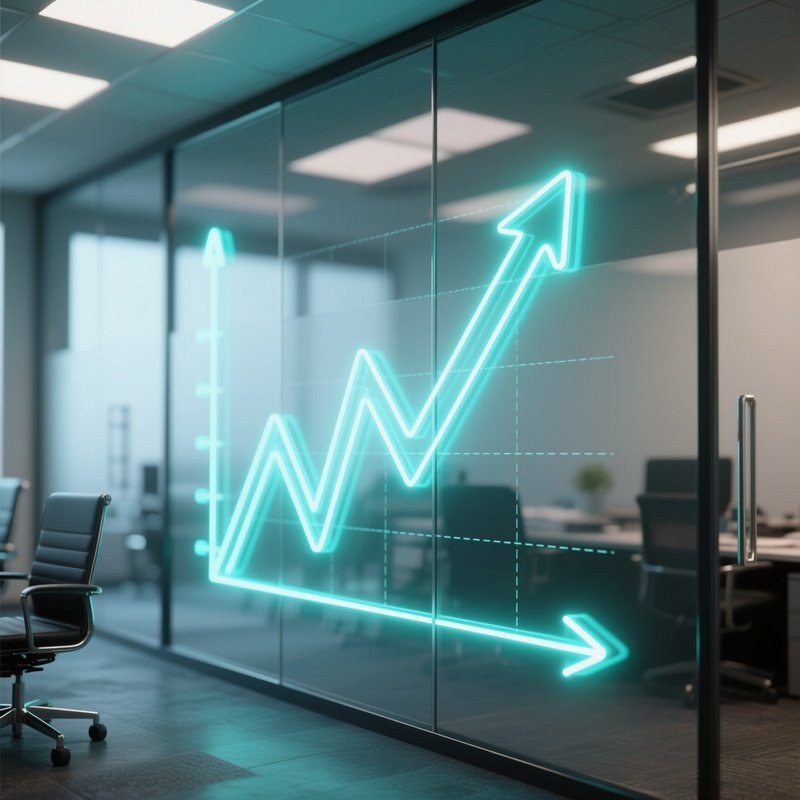 3D Rendered Rising Arrow Graph Made Of Neon Lines — Photorealistic Graph Drawn On A Glass Office Wall