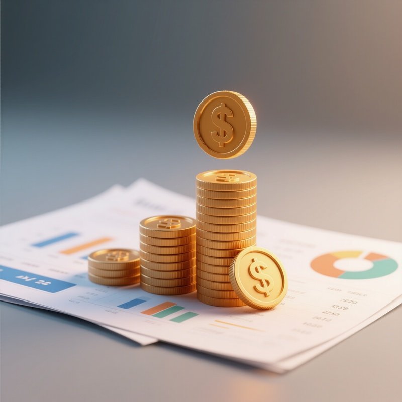 3D Rendered Rising Coins Icon — Photorealistic Coins Stacked Next To Accounting Sheets